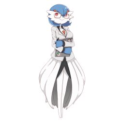 blue_hair blue_hands clipboard gardevoir glasses hiivenn_(artist) labcoat paz_gardenia pokemon pokemon_(species) red_eyes shiny_pokemon stickers white_skin