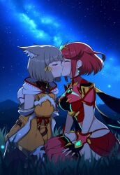 2girls ai_generated core_crystal kissing nia_(xenoblade) night novelai outdoors pyra_(xenoblade) robofun starry_sky xenoblade_(series) xenoblade_chronicles_2 yuri