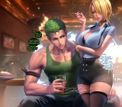 1boy 1girls ass big_breasts black_bra black_thighhighs blonde_hair blue_eyes blush bra breasts buttons cigarette collared_shirt drink earrings english_text female female_focus food genderswap_(mtf) green_hair hair_over_one_eye holding holding_cigarette holding_drink indoors jewelry large_breasts looking_to_the_side male medium_hair muscular muscular_male necktie one_piece open_mouth roronoa_zoro rule_63 sakimichan shirt short_hair shorts smoke speech_bubble sweatdrop text thick_thighs thighhighs thighs underwear veins vinsmoke_sanji zettai_ryouiki