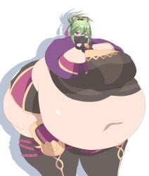 1girls belly breasts disproportional exposed_fat_belly fat genshin_impact greeen_hair hyper_belly hyper_breasts inazuma_girls inazuma_porn kuki_shinobu masked masked_female obese obese_female solo standing