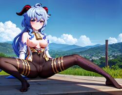 1girls absurd_res ai_generated anyhentai bare_shoulders blue_hair breasts_out ganyu_(genshin_impact) genshin_impact horns long_hair sitting smile solo solo_female spread_legs