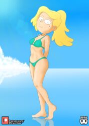 amphibia barefoot beauty_mark bikini blonde_hair blue_sky clouds feet female lens_flare minus_class sasha_waybright solo tagme toes