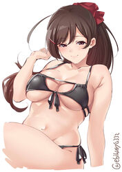 ahoge big_breasts bikini black_bikini brown_hair cleavage ebifurya eyepatch_bikini female female_only hairbow hairclip kantai_collection long_hair looking_at_viewer mamiya_(kantai_collection) navel ponytail purple_eyes side-tie_bikini smile solo