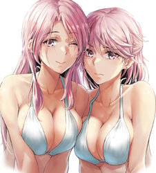 2girls big_breasts bikini breast_squish cleavage female_only frown giuseppe_garibaldi_(kantai_collection) kantai_collection kokuzou long_hair looking_at_viewer luigi_di_savoia_duca_degli_abruzzi_(kantai_collection) pink_eyes pink_hair red_highlights short_hair sisters smile swimsuit upper_body white_bikini wink