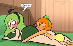 2girls annoyed annoying_orange ass_cleavage big_ass big_butt blush bra butt_crack butt_hug butt_pillow face_in_ass green_hair human humanization humanized lolwutburger orange orange_(annoying_orange) orange_hair panties pear pear_(annoying_orange) rule_63 speech_bubble tanlines tanned underwear yuri