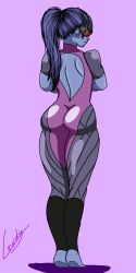 barefoot lewdy long_hair overwatch overwatch_2 purple_body purple_clothing purple_hair purple_skin self_upload spandex tall_female widowmaker