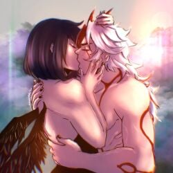 1boy 1girls arataki_itto black_nails closed_eyes female genshin_impact horn_grab ittosara kissing kujou_sara making_out male male/female oni shirtless straight tengu white_hair wings