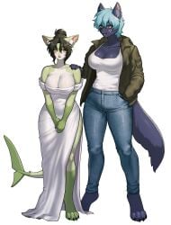 2024 2girls anchovy_(cursedanchovy) big_breasts blue_body breasts canine cat_girl cat_tail character_request claws cursedanchovy cyan_hair feline female female_only furry furry_only green_body green_eyes green_hair huge_breasts hybrid paws shark shark_girl shark_tail simple_background size_difference tail white_fur wolf wolf_ears wolf_girl yuri