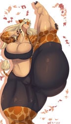 1girls anthro big_breasts blonde_hair blush breasts carlosgizza cleavage clothed clothing female giraffid hair hi_res holding_leg mammal pants raised_leg simple_background thick_thighs v yoga_pants zafta_(kazecat)