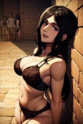 1girls against_wall ai_generated attack_on_titan belly_button big_breasts black_hair black_lingerie blurred_background blurry_background brick_wall busty collarbone dark_hair eyelashes female half_clothed leaning_against_wall lingerie lingerie_bra long_hair looking_at_viewer navel open_mouth outside pieck_finger shingeki_no_kyojin side_view smile smiling smiling_at_viewer underwear