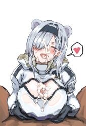 1boy 1girls after_ejaculation animal_ears arknights aurora_(arknights) bear_ears bear_girl big_breasts blue_eyes blush boobjob breast_zipper breasts bukkake busty censored cleavage closed_eyes cum cum_in_mouth cum_on_body cum_on_breasts cum_on_face cum_on_hair cum_on_tongue cumshot cute dark-skinned_male dark_skin ejaculation extra_ears facial female female_focus giant_breasts gloves grey_hair hair_over_one_eye hairband happy heart highres horny huge_breasts interracial large_breasts light-skinned_female light_skin looking_at_viewer looking_pleasured massive_breasts naughty_face naughty_smile open_mouth orgasm orgasm_face paizuri paizuri_lead_by_female paizuri_under_clothes penis pleasure_face seductive seductive_eyes seductive_gaze seductive_look seductive_mouth seductive_smile simple_background smile solo solo_focus spoken_heart spread_legs straight sweat sweatdrop titfuck titjob white_background