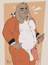 1boy anthro belly big_belly big_ears big_penis bodily_fluids carrot claws clothing cum food genital_fluids genitals hi_res kigurumi lagomorph leaking_cum leaking_nipples leporid looking_at_viewer male male_only mammal motion_lines musclegut muscular nipples one_eye_closed onesie penis penis_through_fly plant rabbit sheenie simple_background solo vegetable wink winking_at_viewer