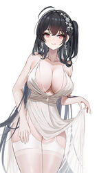 1girls 2021 24kchunshuai absurdres ahoge azur_lane bangs black_hair breasts cleavage clothes_lift dress dress_lift earrings female female female_focus female_only garter_straps hair_ornament highres jewelry large_breasts long_hair official_alternate_costume plunging_neckline red_eyes side_ponytail simple_background solo solo_female taihou_(azur_lane) taihou_(temptation_on_the_sea_breeze)_(azur_lane) thighhighs thighs tongue tongue_out very_long_hair wedding_dress white_background white_dress white_legwear