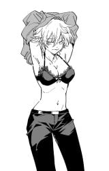 arms_up bra canon_genderswap cleavage female female_only genderswap_(mtf) ginko_sakata gintama gintoki_sakata half-closed_eyes lace-trimmed_bra looking_at_viewer medium_breasts messy_hair monochrome rule_63 shirt_lift shirt_up smile solo tomboy undressing white_background ziyizhengjun