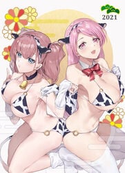 2girls arm_warmers ass_to_ass atlanta_(kantai_collection) big_breasts bikini cleavage cow_bikini cow_ears cow_print cow_print_armwear cowbell female_only grey_eyes hairband huge_breasts kantai_collection kneeling leg_warmers long_hair looking_at_viewer luigi_di_savoia_duca_degli_abruzzi_(kantai_collection) neck_ribbon overflowing_breasts pink_eyes pink_hair smile thighhighs torobika twintails untied_bikini white_legwear white_thighhighs year_of_the_ox