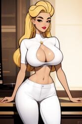 1girls ai_generated blonde_hair cleavage curvaceous curvy curvy_body curvy_female curvy_figure earrings female female_only hourglass_figure inner_sideboob kelly_(tdi) light-skinned_female light_skin milf mrseyker pixai solo solo_female the_ridonculous_race total_drama_(series) total_drama_island voluptuous voluptuous_female white_clothing