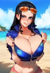 1girls ai_generated big_breasts black_hair blue_eyes breasts_bigger_than cum_on_breasts cum_on_face female female_focus female_only floox hi_res large_breasts light-skinned_female light_skin long_hair looking_at_viewer nico_robin no_bra one_piece shounen_jump solo solo_female sunglasses sunglasses_on_head tagme thiccwithaq_(ai_style) thick_thighs tongue tongue_out