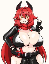 1girls accessory belt big_breasts breasts cleavage clothed_female doodle fingerless_gloves gloves goddess_of_victory:_nikke light-skinned_female long_hair mob_face notnoe_(dxcl) peace_sign red_hair red_hood_(nikke) request revealing_clothes smile solo solo_female sweat thick_thighs thighs white_background yellow_eyes