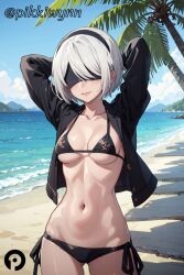 ai_generated arms_behind_head arms_up beach bikini black_bikini black_blindfold black_hairband black_jacket blindfold blue_sky breasts cloud collarbone cowboy_shot day facing_viewer female hairband jacket long_sleeves medium_breasts mole mole_under_mouth navel nier nier:_automata nier_(series) ocean open_clothes open_jacket outdoors palm_tree pikkiwynn short_hair side-tie_bikini_bottom sky smile solo stomach string_bikini swimsuit tree water white_hair yorha_2b