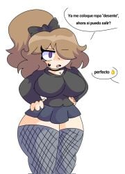 brown_hair fully_clothed hands_on_hips may_(moonlightdrawinguwu) moonlightdrawinguwu one_eye_obstructed original purple_eyes short_skirt spanish_text stockings tied_hair