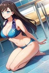 ai ai_generated arms_behind_back bikini blue_eyes bra brown_hair classroom female female_focus female_only on_floor panties sitting sun_rong