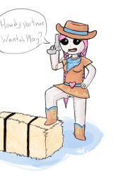 1girls animate_inanimate annie_(hex51) anthro anthrofied blush boots bottomless button_eyes cow_girl cowboy_hat cute dialogue doll dress english_text eyelashes female female_only flashing gun hair heart_buckle hex51 humanoid living_doll living_plush medium_breasts no_panties open_mouth open_smile pink_hair pistol plushie pussy revolver simple_background smile solo text twintails vagina white_skin