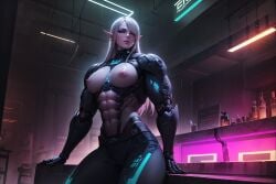 abs absurd_res ai_generated bar blue_eyes breast_cutout breasts cybernetics cyberpunk elf elf_ears elf_female female indoors knoworai looking_at_viewer muscles muscular muscular_female nipples robotic_arm solo solo_female stable_diffusion white_hair