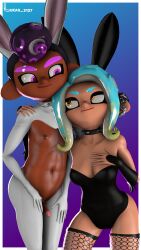 3d black_hair bunny_ears bunnysuit collar cyan_hair fishnets gloves interracial lukas_3127 octoling octoling_boy octoling_girl reverse_bunnysuit self_upload splatoon tagme