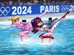 2girls attractive big_breasts blonde_hair blue_eyes cameltoe chouboy contortion cute feet flexible latex latex_suit legs miraculous_ladybug olympics paris_2024 pigella pool purple_hair purple_tigress_(character) rose_lavillant skirt swimming tiger_print twintails wet