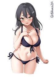 bangs big_breasts bikini black_bikini black_hair blush cleavage ebifurya female female_only hairclip hand_on_chest kantai_collection long_hair looking_at_viewer navel oyashio_(kantai_collection) side-tie_bikini smile solo swimsuit thigh_gap wide_hips yellow_eyes