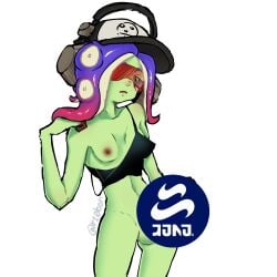 1futa 2024 acht_(splatoon) areolae breasts censored clothed clothing dedf1sh dress futa_only futanari green_skin half-closed_eyes hi_res humanoid humanoid_penis mizuta_ahato_(splatoon) mostly_nude nipples octoling one_breast_out paywall_censor pseudo_hair r10bon solo splatoon splatoon_3:_side_order standing visor white_background