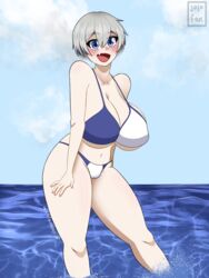 beach big_breasts big_eyes bikini blue_eyes blush breasts clouds colored_background female grey_hair ocean short_hair sky smile smiling swimsuit thesuperjojofan uzaki-chan_wa_asobitai! uzaki_hana white_hair white_skin