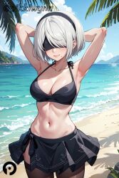ai_generated armpits arms_behind_head arms_up bangs beach bikini black_bikini black_blindfold black_hairband blindfold blue_sky blush breasts cleavage closed_mouth cloud collarbone covered_eyes cowboy_shot day facing_viewer female hairband halterneck mole mole_under_mouth navel nier nier:_automata nier_(series) ocean outdoors palm_tree pikkiwynn short_hair skirt sky solo stomach swimsuit thighhighs tree water white_hair yorha_2b