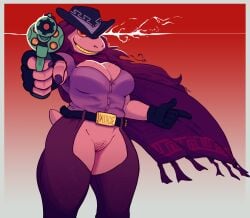 2024 absurd_res anthro belt belt_buckle big_breasts bottomless breasts buffysaintfury cleavage clothed clothing cowboy_hat cowboy_outfit crotchless crotchless_pants deltarune digital_media_(artwork) female fingerless_gloves firearm freckled_breasts freckles genitals gloves gun hair handgun handwear hat headgear headwear hi_res holding_gun holding_object holding_ranged_weapon holding_weapon holster looking_at_viewer mammal pointing_gun pointing_gun_at_viewer poncho pussy ranged_weapon reptile revolver scalie simple_background smile solo susie_(deltarune) tail undertale_(series) weapon