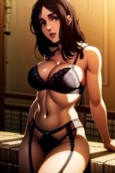 ai_generated attack_on_titan belly_button big_breasts black_hair black_lingerie blush blushing_at_viewer bra busty dark_hair fit_female front_view half_clothed hooked_nose leaning lingerie lingerie_bra long_hair looking_at_viewer midriff navel pieck_finger shingeki_no_kyojin solo_female thighs upper_body