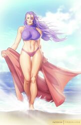 1girls absurdres beach big_breasts bikini breasts capcom clenched_hands collarbone english_commentary female female_only forehead freeglass full_body fully_clothed furrowed_brow hair_between_eyes hair_down hi_res huge_breasts lens_flare linea_alba lips long_hair long_legs looking_at_viewer midriff navel ocean pinup_(style) purple_eyes purple_hair rose_(street_fighter) solo street_fighter summer swimsuit tankini thick_thighs thigh_gap thighs toned towel walking wind wind_lift