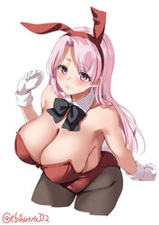 big_breasts blush bunny_ears bunny_tail bunnysuit cleavage ebifurya female female_only gloves high-angle_view huge_breasts kantai_collection long_hair looking_at_viewer luigi_di_savoia_duca_degli_abruzzi_(kantai_collection) neck_ribbon pantyhose pink_hair smile solo white_gloves