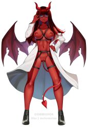 1girls absurdres ass_visible_through_thighs bare_shoulders black_sclera blue_eyes bondage_outfit breastless_clothes breasts demon_girl female glasses hand_on_hip highres horns lab_coat long_hair looking_at_viewer melusmelon navel nipples open_clothes original pussy red_hair red_skin simple_background solo standing tail white_background wings