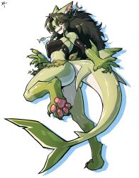 1girls 2024 anchovy_(cursedanchovy) anthro ass big_ass big_breasts blush breasts canine claws cream_fur cursedanchovy ear_piercing fangs female female_only fish_skeleton freckles furry furry_only green_body green_fur green_hair hybrid looking_at_viewer pawpads paws raised_leg shark shark_girl shark_tail signature simple_background tail teeth torn_clothes wolf wolf_ears wolf_girl yellow_eyes