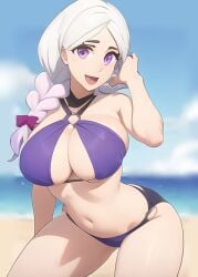 ai_generated beach big_breasts bikini bikini_bottom bikini_top braided_hair fortnite large_breasts looking_at_viewer pixai pov purple_bikini purple_eyes purple_hair smile thick_thighs thighs torin_(fortnite) white_hair