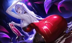 ai_generated back_view big_breasts charm cum cum_on_ass cum_on_body dress evelynn huge_breasts league_of_legends looking_at_viewer looking_back nai_diffusion red_dress sweat