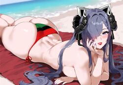 1girls ai_generated august_von_parseval_(azur_lane) azur_lane beach beach_towel big_ass big_breasts gooner4lt iron_blood_(azur_lane) light-skinned_female light_skin looking_at_viewer on_stomach pan_african_flag_bikini purple_eyes purple_hair purple_nails red_lipstick