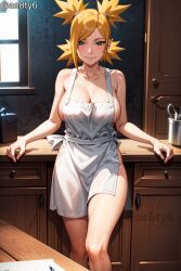 1girls 2d ae8ty6 ai_generated almost_naked apron apron_only barely_clothed big_breasts blonde_hair blush boruto:_naruto_next_generations cleavage female female_only front_view functionally_nude huge_breasts indoors kitchen light-skinned_female long_hair looking_at_viewer mature mature_female milf nai_diffusion naked_apron naruto naruto_(series) no_bra no_panties partially_clothed pinup ponytail quad_tails smile solo solo_female stable_diffusion standing teal_eyes temari tied_hair upper_body watermark wife