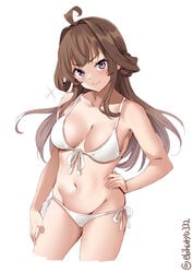 ahoge bangs bikini brown_hair cleavage ebifurya female female_only hand_on_breast kantai_collection kongou_(kantai_collection) long_hair looking_at_viewer medium_breasts navel purple_eyes side-tie_bikini smile solo swimsuit white_bikini