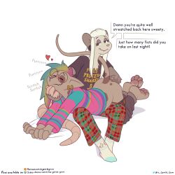 american_opossum anal anal_fisting anthro anthro_on_anthro anthro_penetrated anthro_penetrating anthro_penetrating_anthro blush chin_scratch closed_eyes daniela_idril domestic_cat duo english_text felid feline felis female female/female female_penetrated female_penetrating female_penetrating_female fisting fur grey_body grey_fur hair hairless hairless_cat heart hi_res interspecies mammal marsupial multicolored_hair olivia_idril penetration purring rainbow_hair sex simple_background smile sphynx_(cat) text the_gentle_giant toony trans_(lore) trans_woman_(lore) virginia_opossum white_background white_body white_fur white_hair