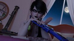 1girls 3d absurd_res armed bayonetta bayonetta_(character) bayonetta_2 big_breasts black_eyeshadow black_hair black_lipstick blender curvy earrings eyeshadow feet feet_up female female_only foot_tattoo glasses goth grey_eyes gun lipstick looking_at_viewer short_hair solo sports_bra sportswear tattoos thick weapon your__waifu