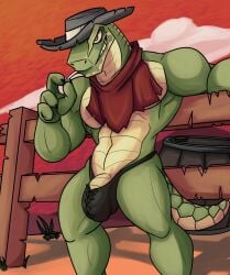 anthro bandana barazoku biceps bulge claws clothing cloud cocky cocky_smile cowboy cowboy_hat dillon's_rolling_western gallo_(dillon's_rolling_western) green_body green_scales grin hat headgear headwear hi_res kerchief leather lizard male manly mostly_nude multicolored_body multicolored_scales muscular muscular_anthro muscular_male nintendo outside reptile scales scalie sky skyscape smile solo standing sunset tail tan_body tan_scales thong toothpick two_tone_body two_tone_scales underwear urbanmonster western wild_west