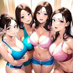 4girls ai_generated ai_mirror belly_button big_breasts blue_bra blue_eyes blue_shorts blush bra brown_hair hand_on_another's_hip long_hair looking_at_viewer medium_breasts medium_hair open_mouth pink_bra ponytail shorts sliding_doors smile sports_bra together white_skin