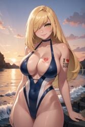 1girls ai_generated blonde_hair breasts cameltoe cleavage female female_only hair_over_one_eye human large_breasts long_hair lusamine_(pokemon) mature mature_female milf mother nintendo one-piece_swimsuit pokemon pokemon_sm queen_of_hearts smile solo solo_female standing swimsuit tattoo yellow_eyes yuroart