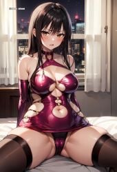 ai_generated bodycon detached_sleeves dress large_breasts mommy more_at_source oppai panchira panchira_(sitting) prostitution shiny_clothes skin_tight skin_tight_dress skin_tight_outfit skindentation tagme thighhighs tight_clothes tight_clothing tight_dress tight_fit to_love-ru tororo